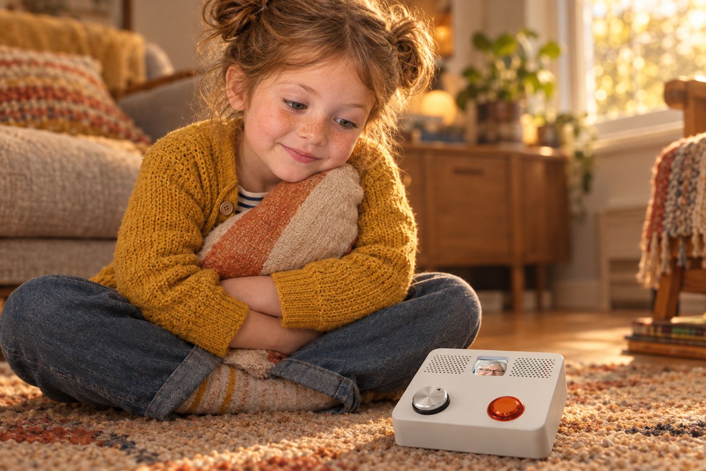 A girl sits on the rug listening to a reply